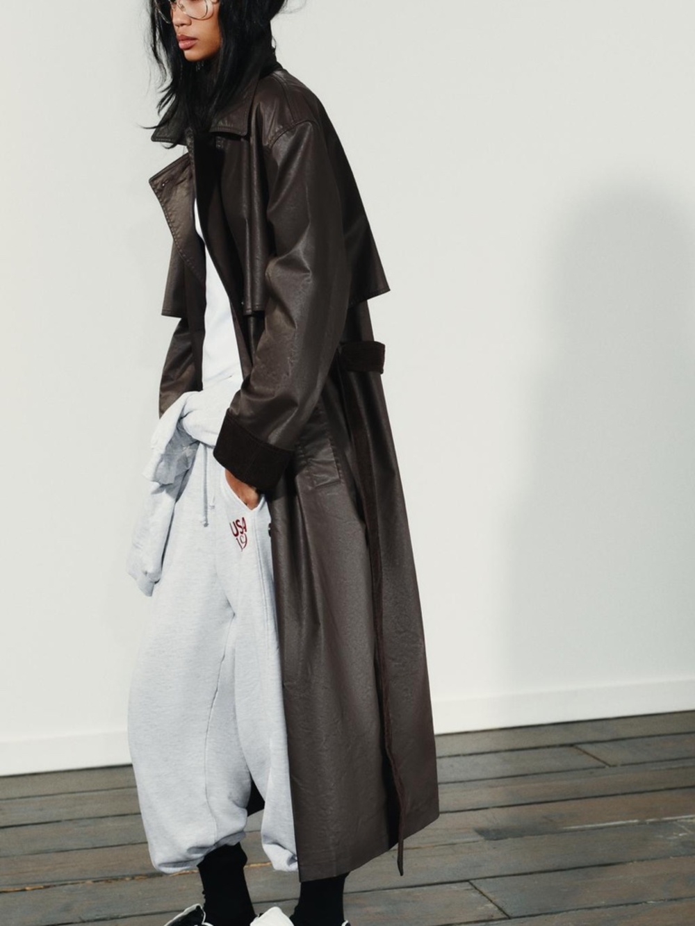 Zara Trench Cordoroy Cuffs Coat Waxing and Dark Brown Long Belted NWT - Picture 8 of 16